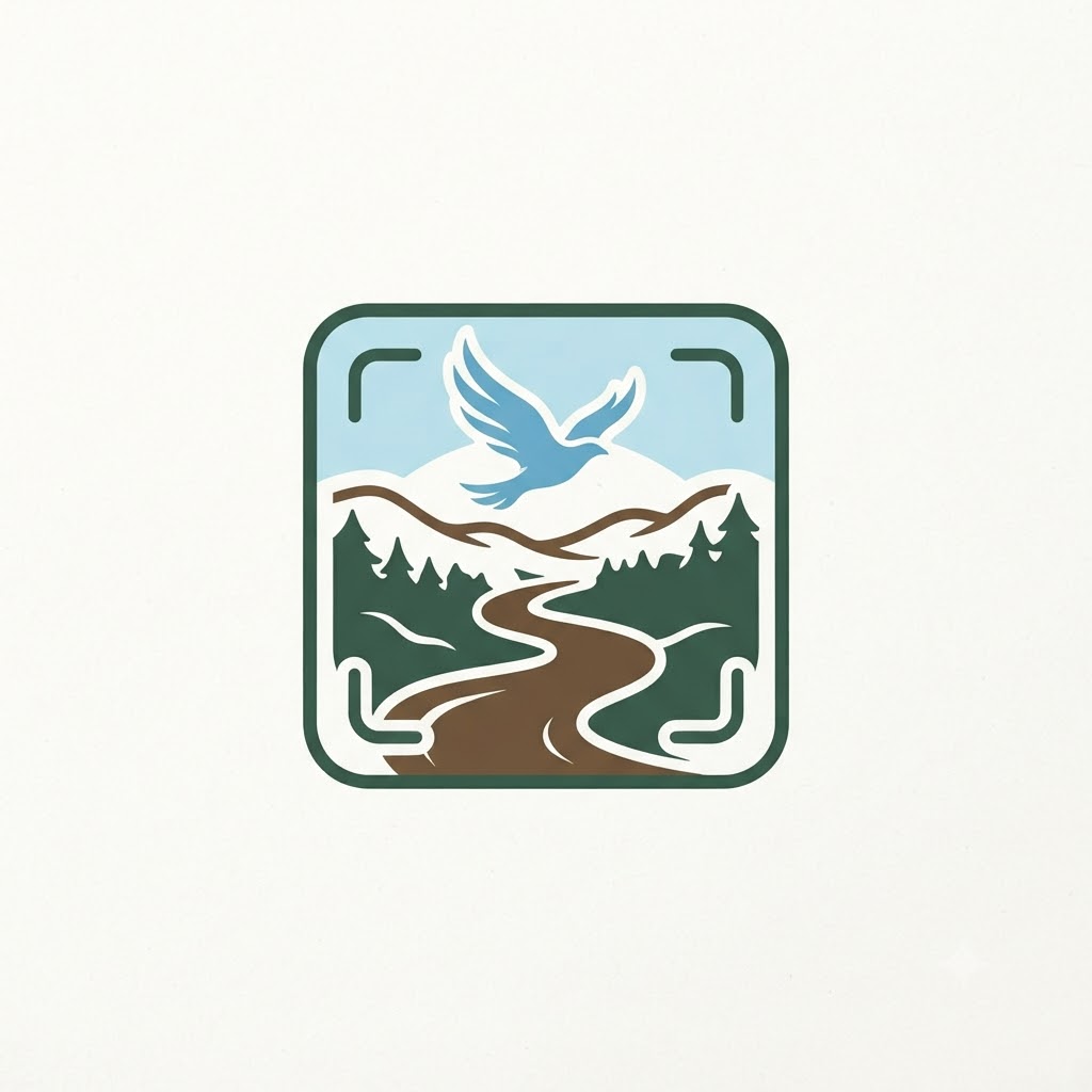 Nature photography logo with a camera viewfinder, soaring bird, and winding river