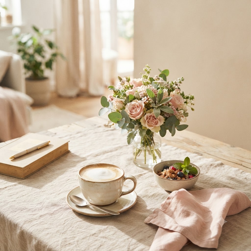 Instagram lifestyle post with breakfast table, flowers, and ceramic cup