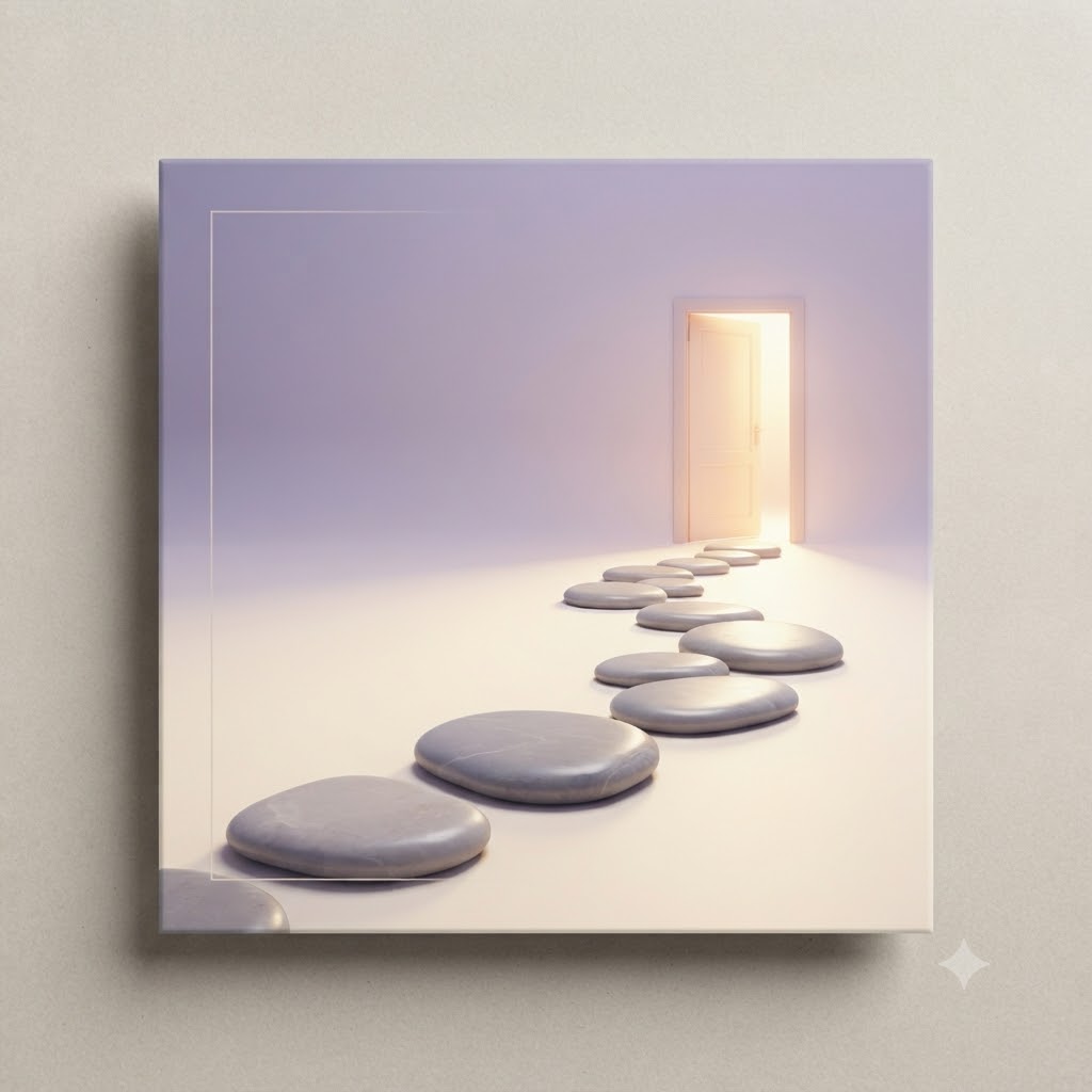 Career coaching banner with stepping stones and open doorway