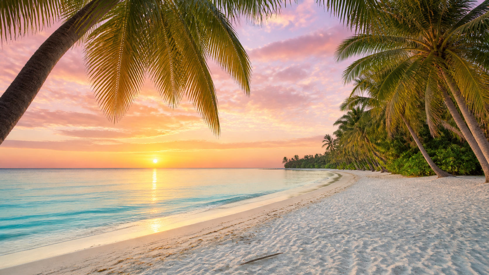 A tropical beach with white sand, palm trees, turquoise water, and a pastel sunrise.