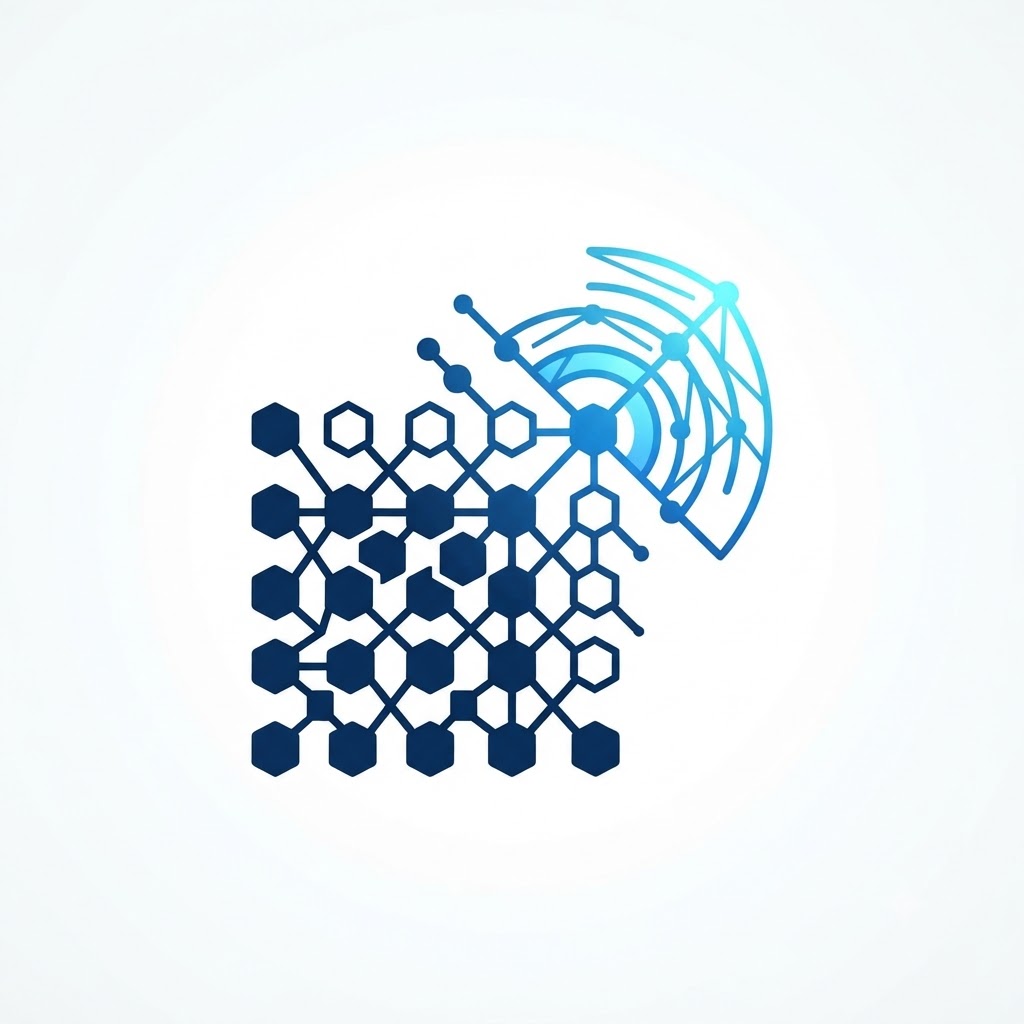 Technology symbol logo with modular grid and connected signal