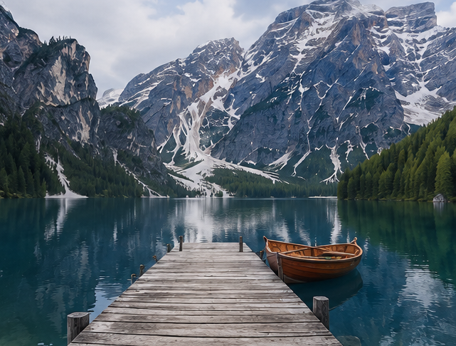 Original landscape photo before AI landscape style transformation featuring a mountain lake, wooden dock, and forest