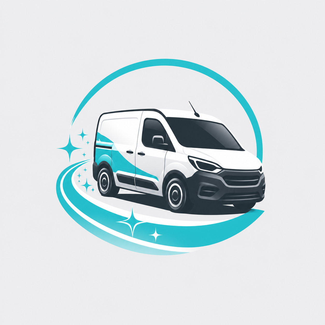 Mobile car detailing logo with van and sparkling cleaning trail