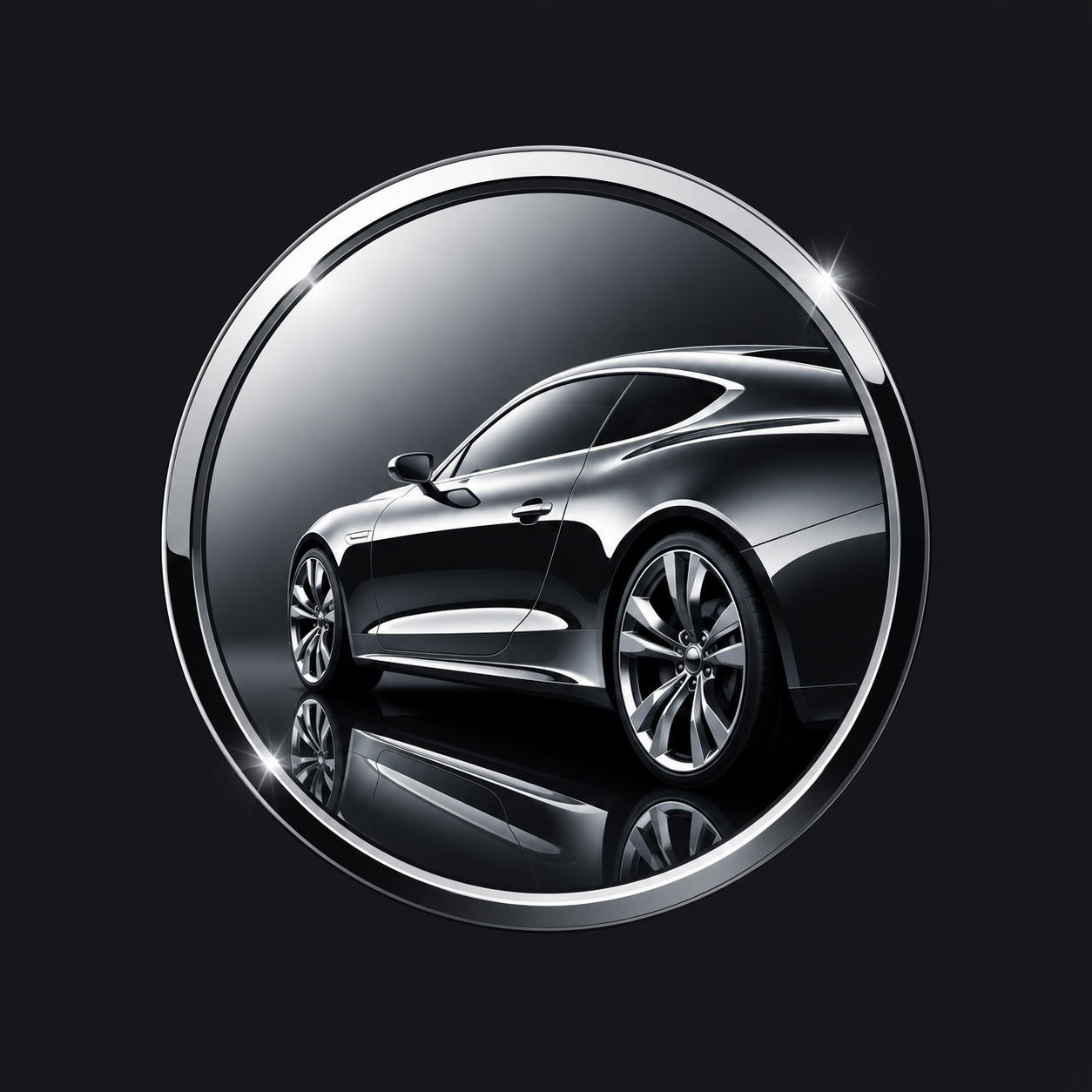 Car detailing logo with polished car profile and circular mirror finish