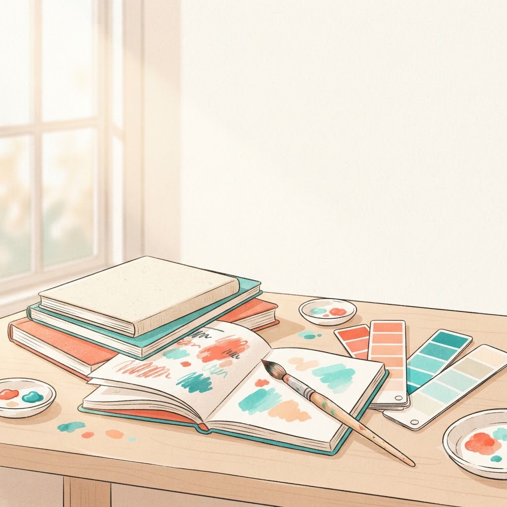 Instagram creative post with sketchbook, paint swatches, and brushes
