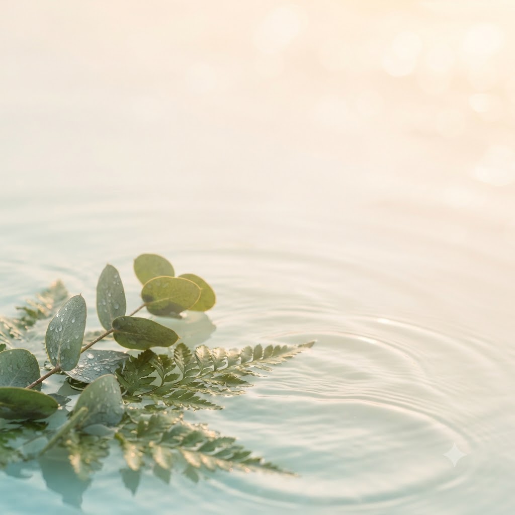 Instagram wellness post with botanical leaves, water ripples, and sunrise