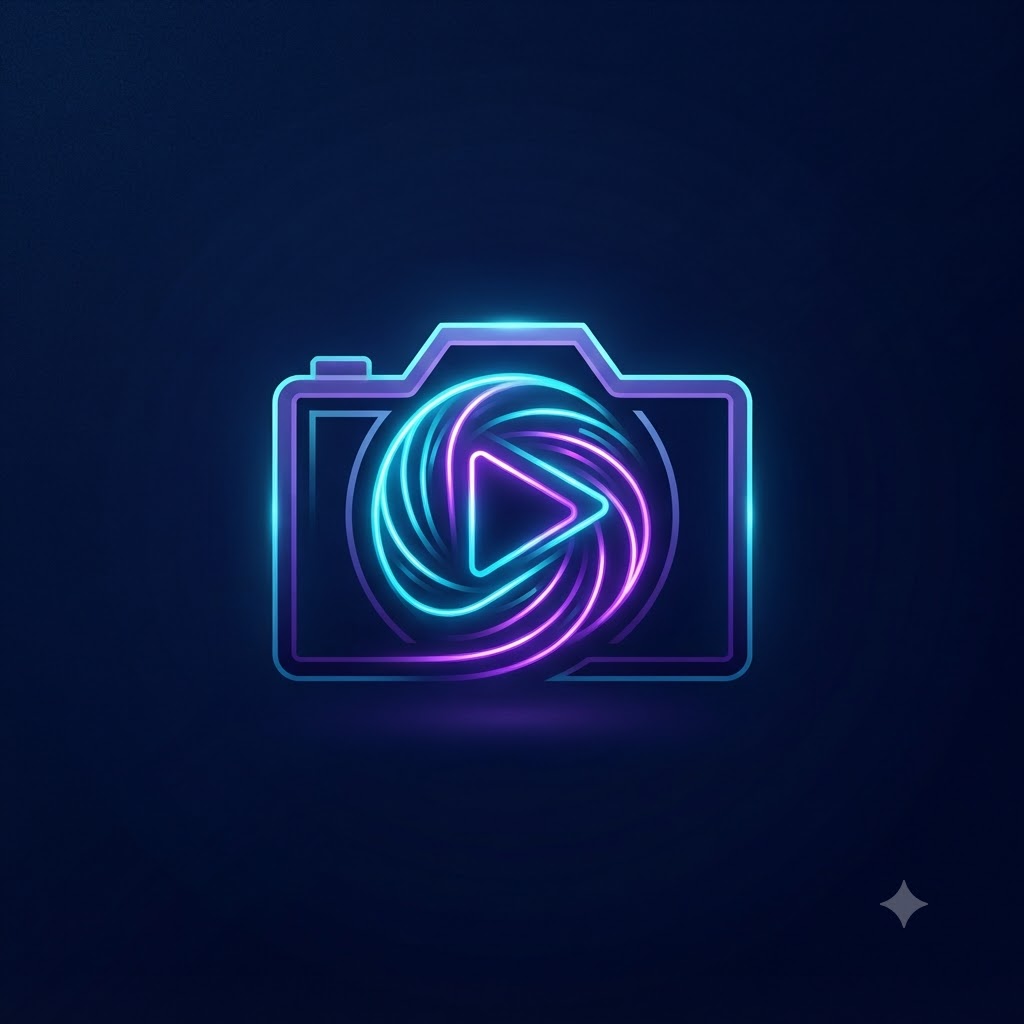 Modern camera logo with neon capture frame