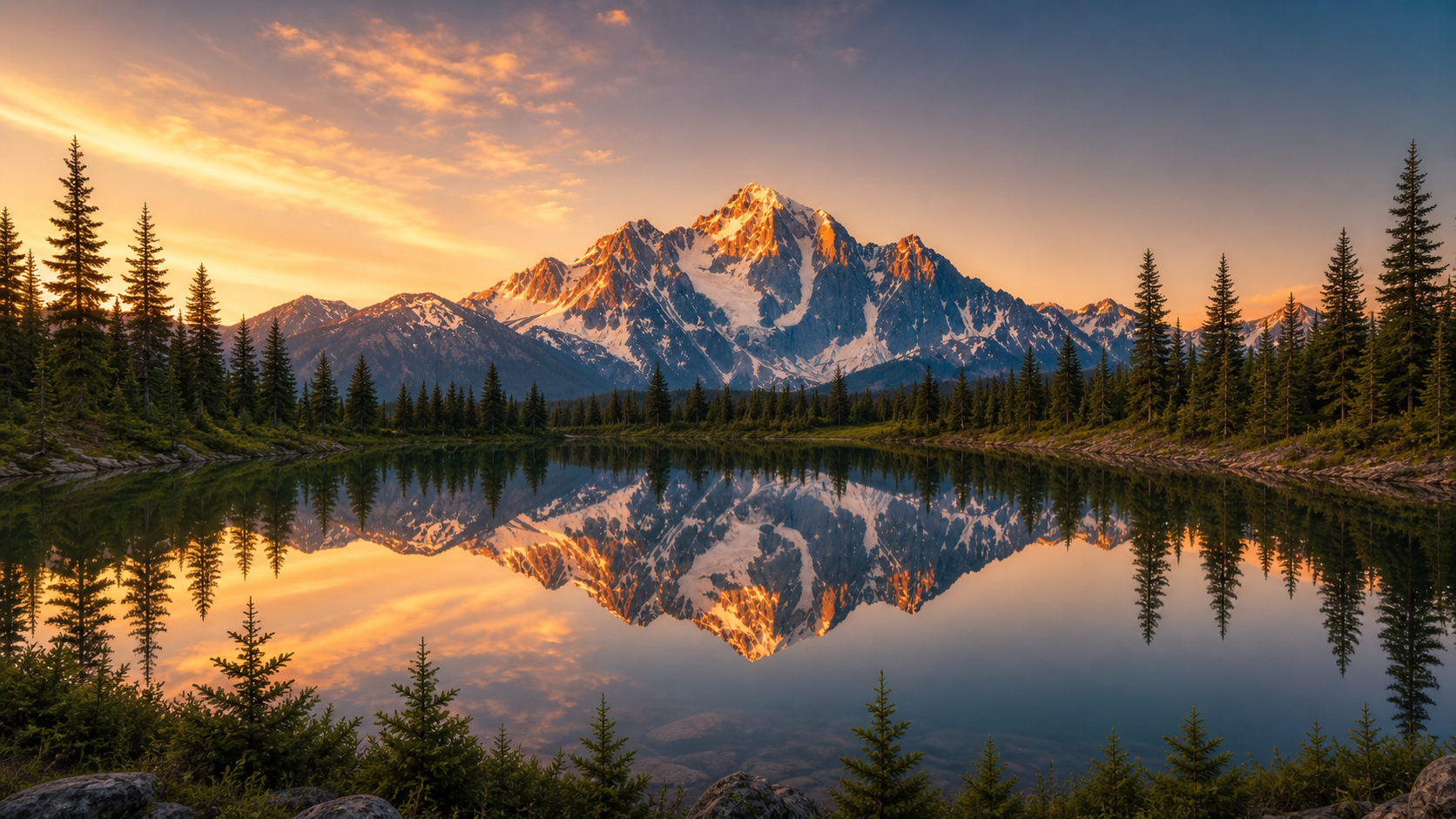 Snow-capped mountains at sunrise reflected in a calm lake with pine trees in the foreground.