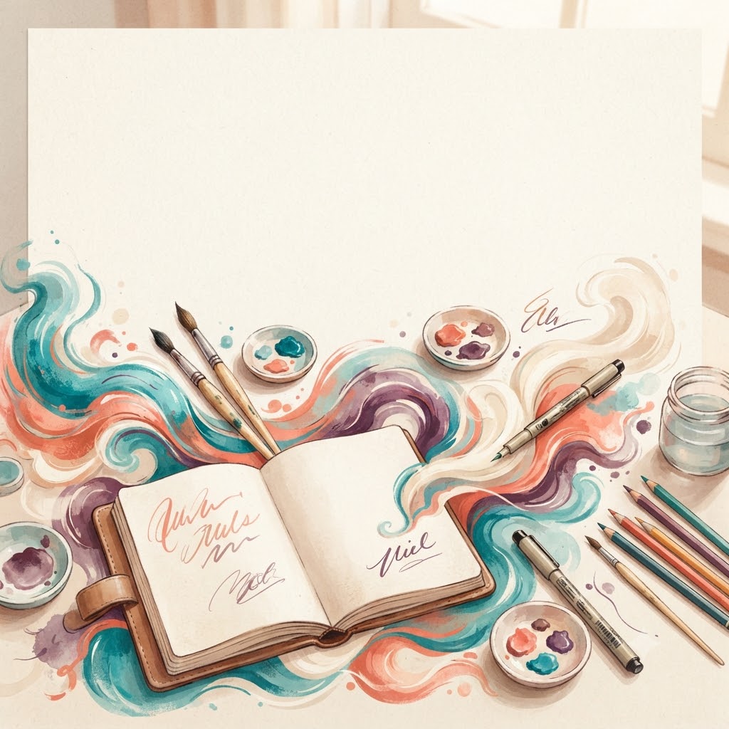 Instagram creative post with paint swirls, sketchbook, and drawing tools