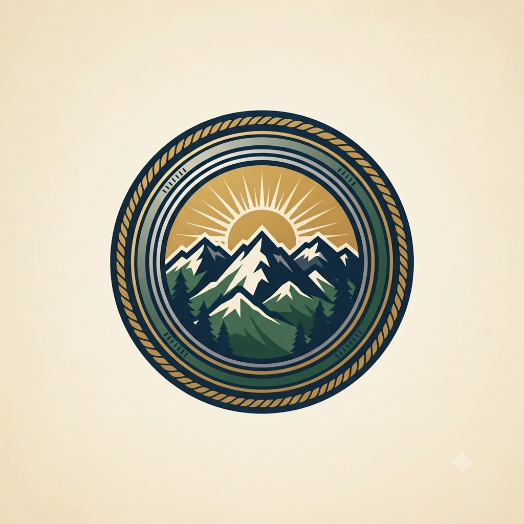 Outdoor camera logo with mountain peaks, lens, and sunrise