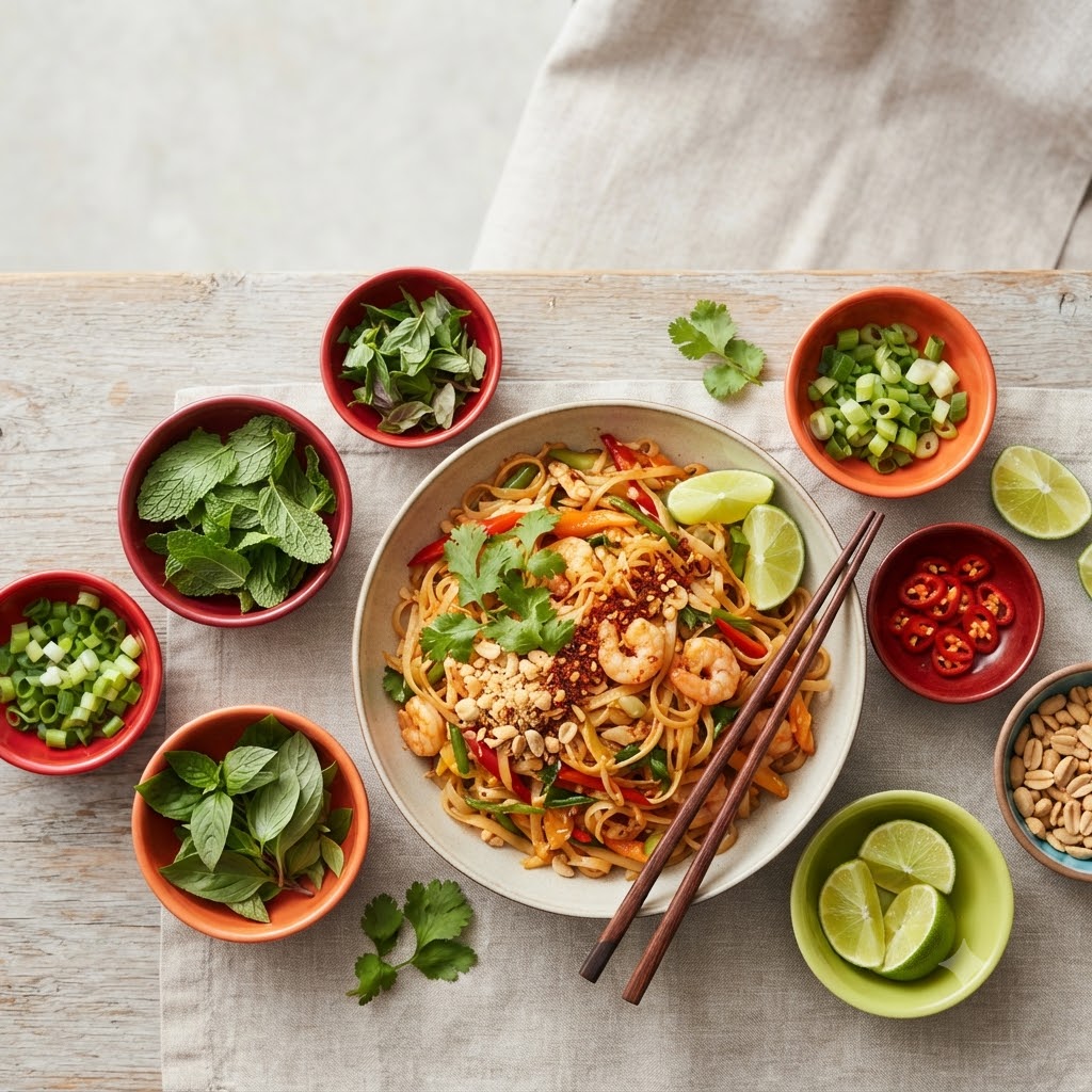 Instagram food post with vibrant noodles, herbs, and colorful bowls