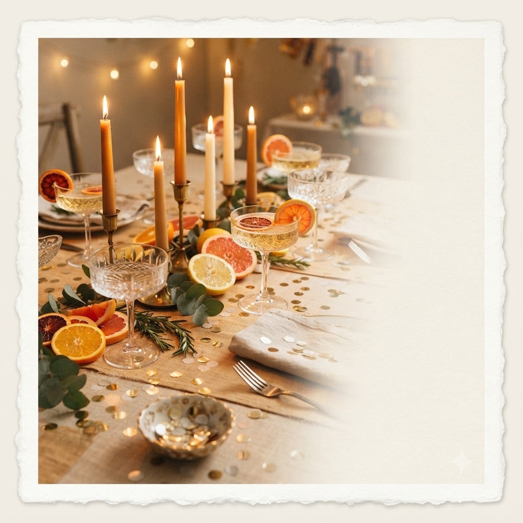 Celebration postcard with candles, champagne glasses, and golden confetti