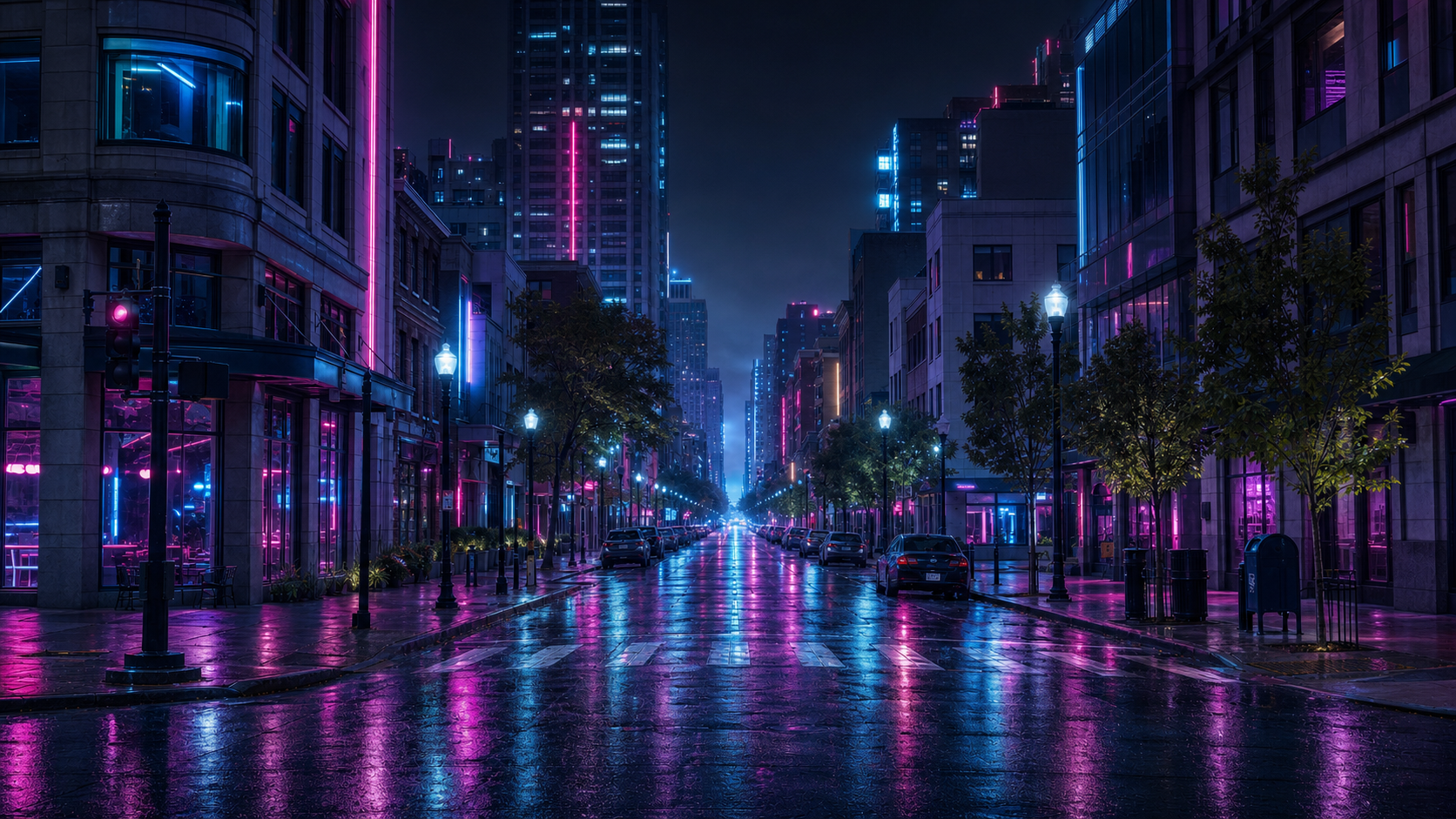 Futuristic neon-lit city street at night with rain-soaked pavement, blue and magenta reflections, and atmospheric fog.