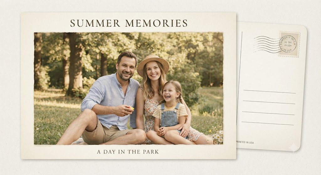 Storybook-style summer postcard of a family enjoying a picnic in a sunny park
