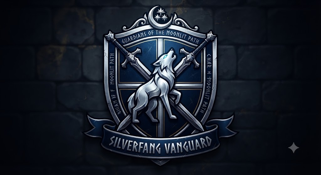 Silver wolf and crossed swords on a midnight-blue RPG gaming guild emblem