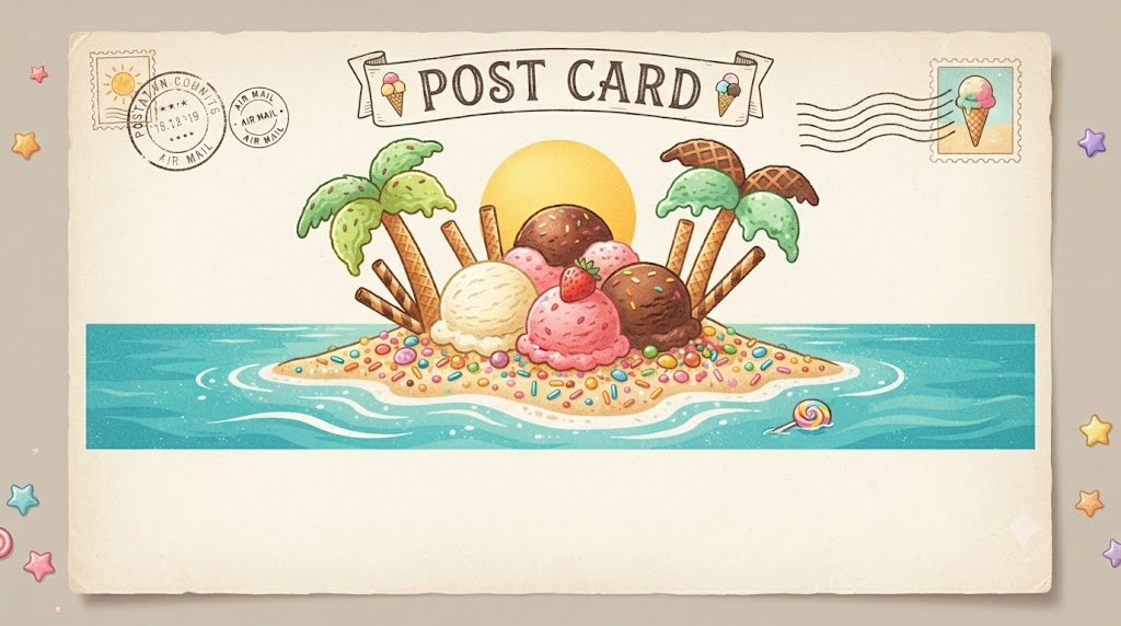 Colorful summer postcard of an ice cream island with candy beach