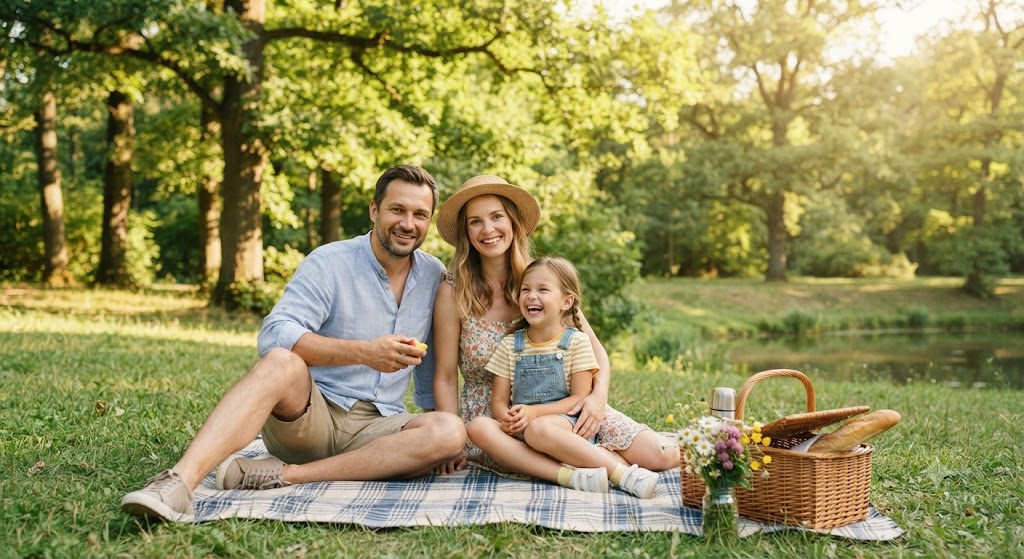 A family enjoying a picnic on a blanket in a sunny park with wildflowers and trees