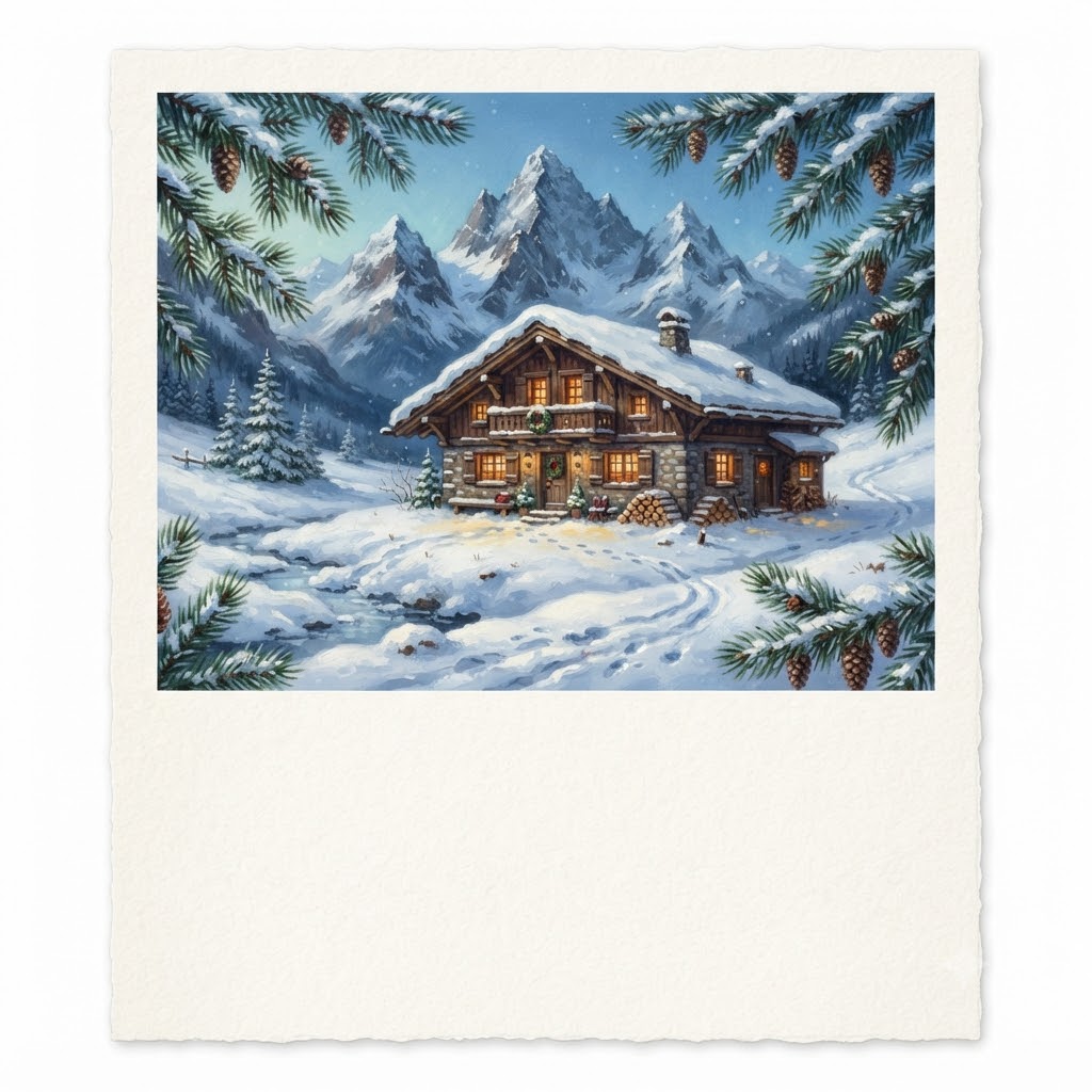 Winter postcard with a glowing alpine chalet and snowy mountains