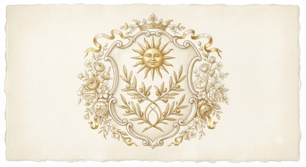 Ivory and gold wedding family crest with olive branches and a sun