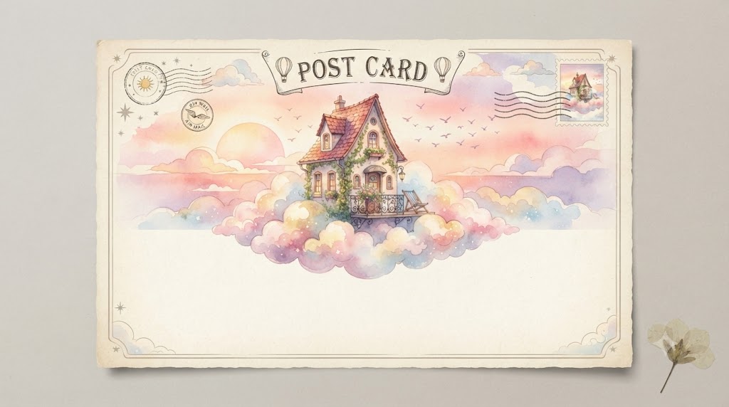 Dreamy watercolor postcard of a small hotel floating on clouds