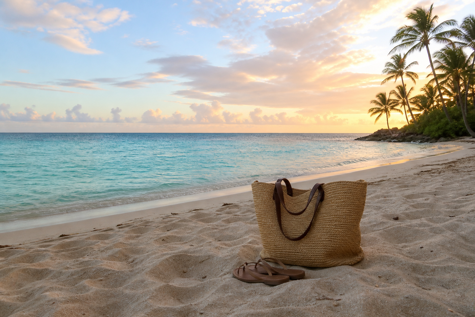 A quiet tropical beach at sunset with turquoise water, palm trees, a woven tote bag, and sandals on the sand