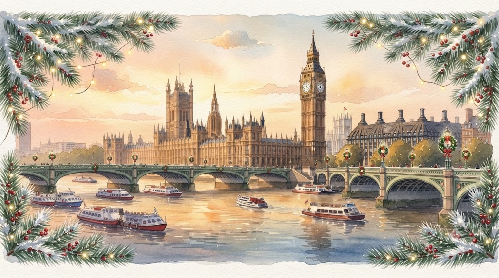  Vintage watercolor postcard of Big Ben and the Houses of Parliament beside the River Thames at golden hour