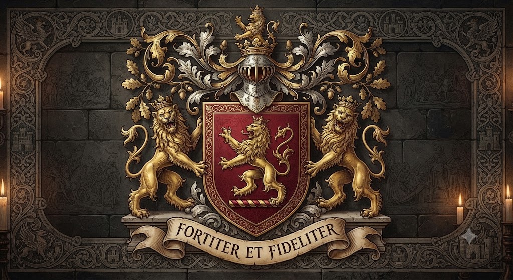 Traditional coat of arms with a golden lion rampant on a red shield and silver helm