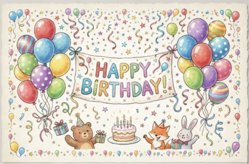 Playful illustrated birthday postcard with pastel balloons, confetti, and blank space for a personal message