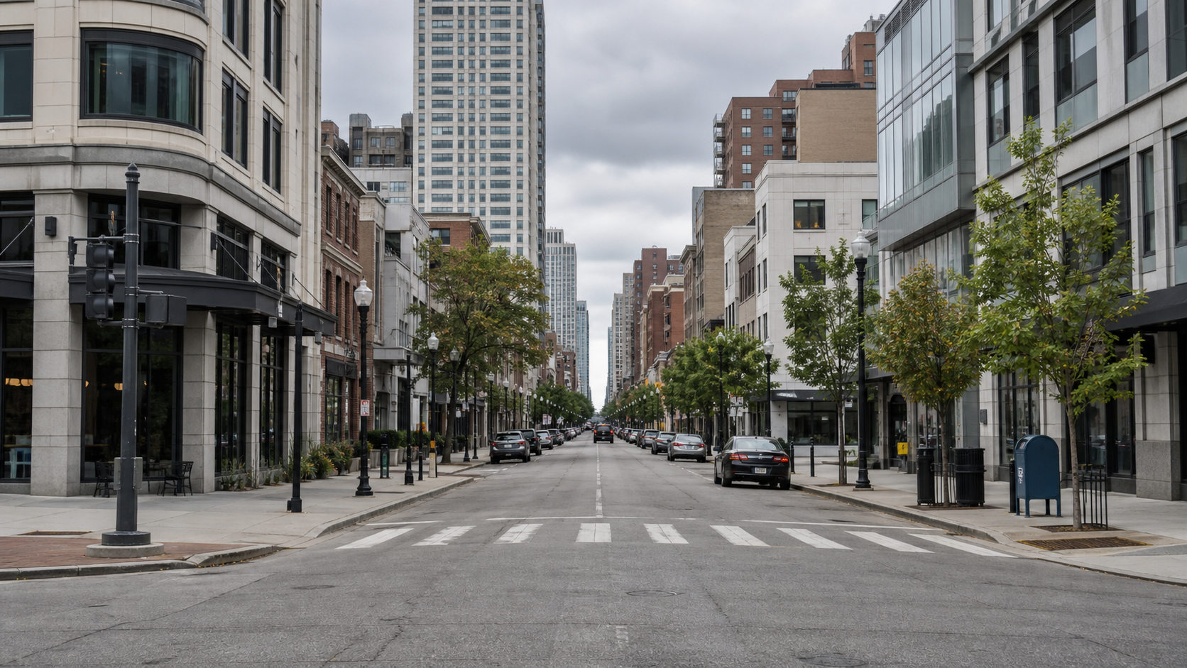 Daytime downtown city street with modern buildings, sidewalks, crosswalk markings, and parked cars under a cloudy sky.