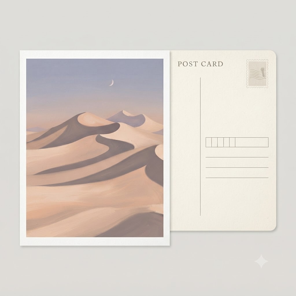 Minimalist postcard with desert dunes and crescent moon