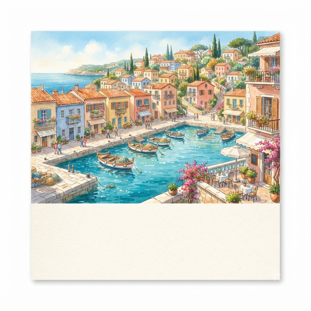 Travel postcard with a sunlit Mediterranean harbor and pastel houses