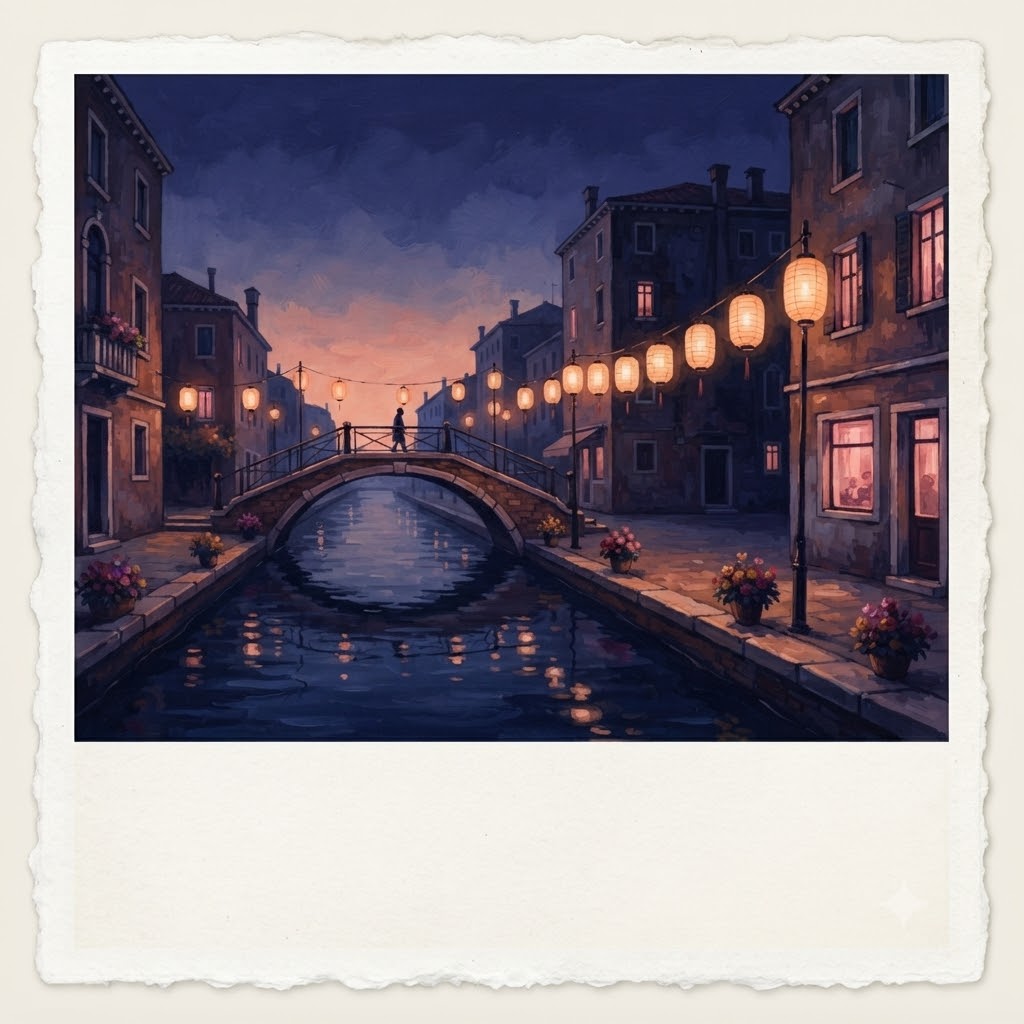 Twilight postcard with glowing lanterns over a canal