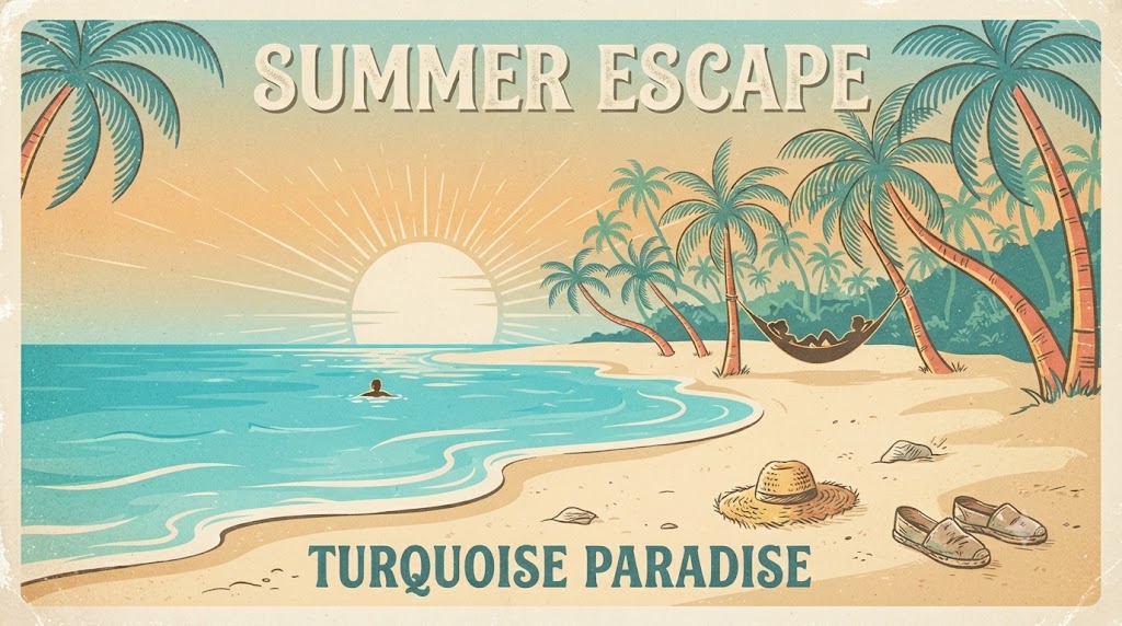 Retro tropical vacation postcard with turquoise water, palm trees, and a warm sunrise