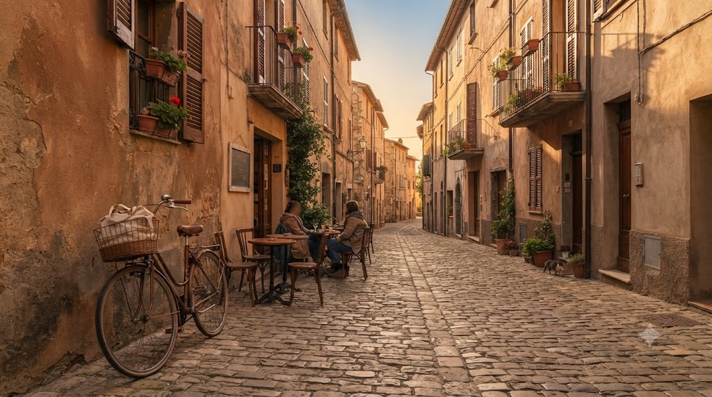 A sunlit cobblestone street with warm buildings, café tables, and a bicycle against a wall