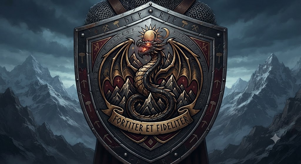 Crimson dragon fantasy house sigil on a black heraldic shield for a mountain kingdom