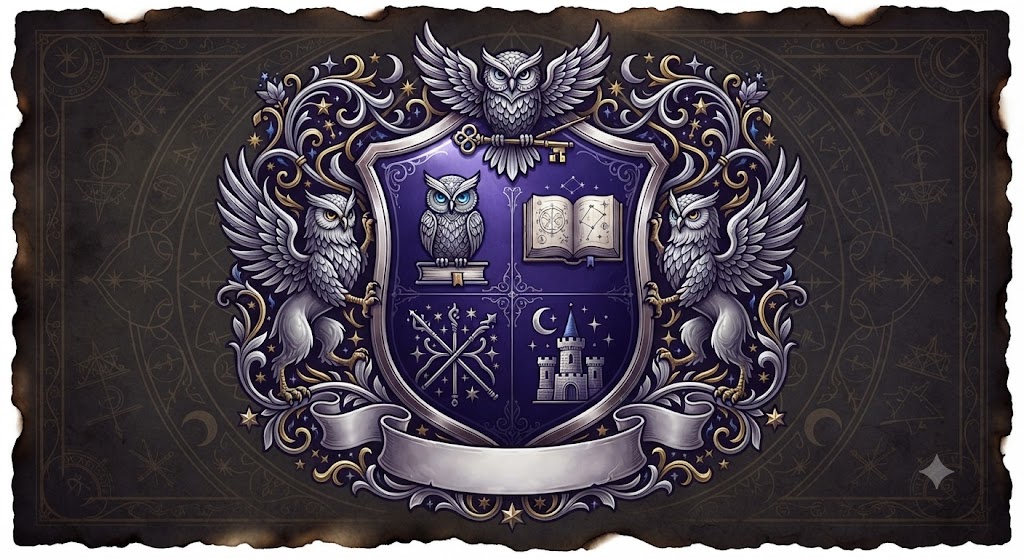 Silver owl and open book on a purple wizard academy house crest