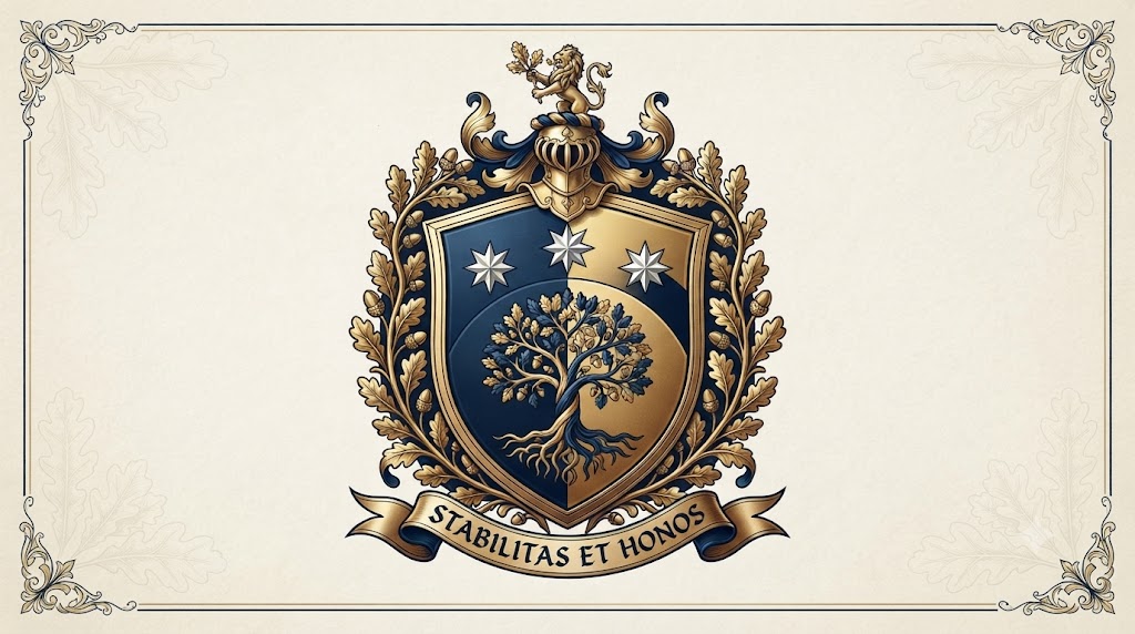 AI-generated navy and gold family crest with an oak tree and three silver stars on a heraldic shield