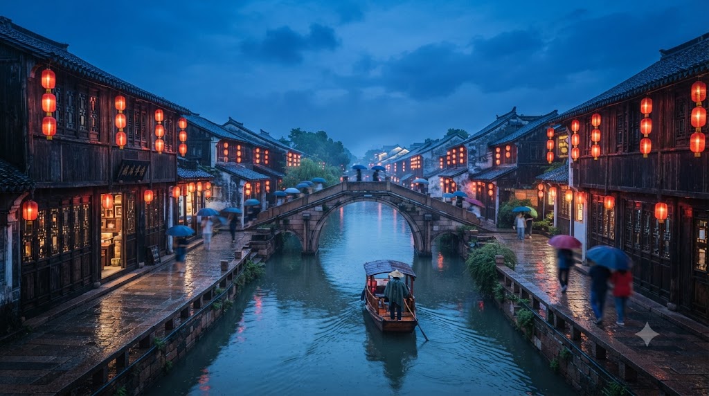 Red lanterns reflecting on a canal in a traditional Chinese water town