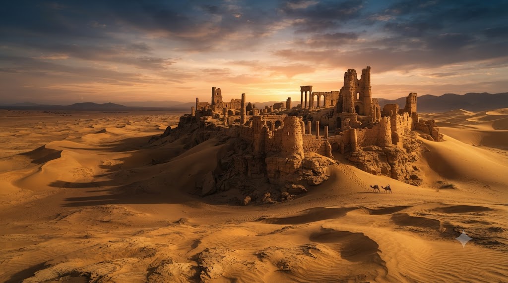 Ancient sandstone ruins surrounded by golden desert dunes at sunset