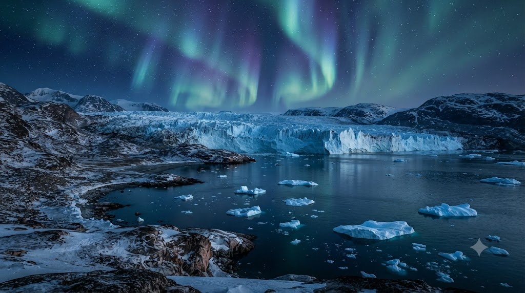 Blue glaciers and icebergs beneath the northern lights on an Arctic coast