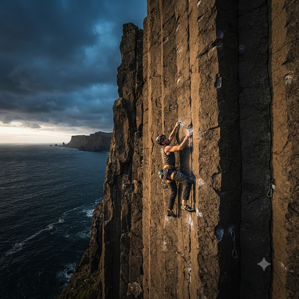 A rock climber ascending a steep coastal cliff above the ocean under dramatic storm clouds.
