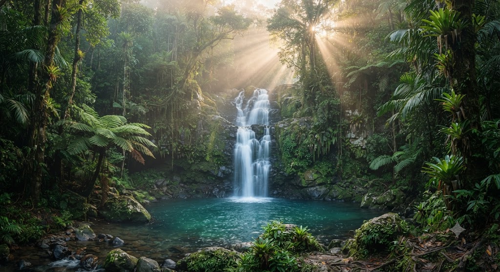 A tropical waterfall flowing through a lush misty rainforest