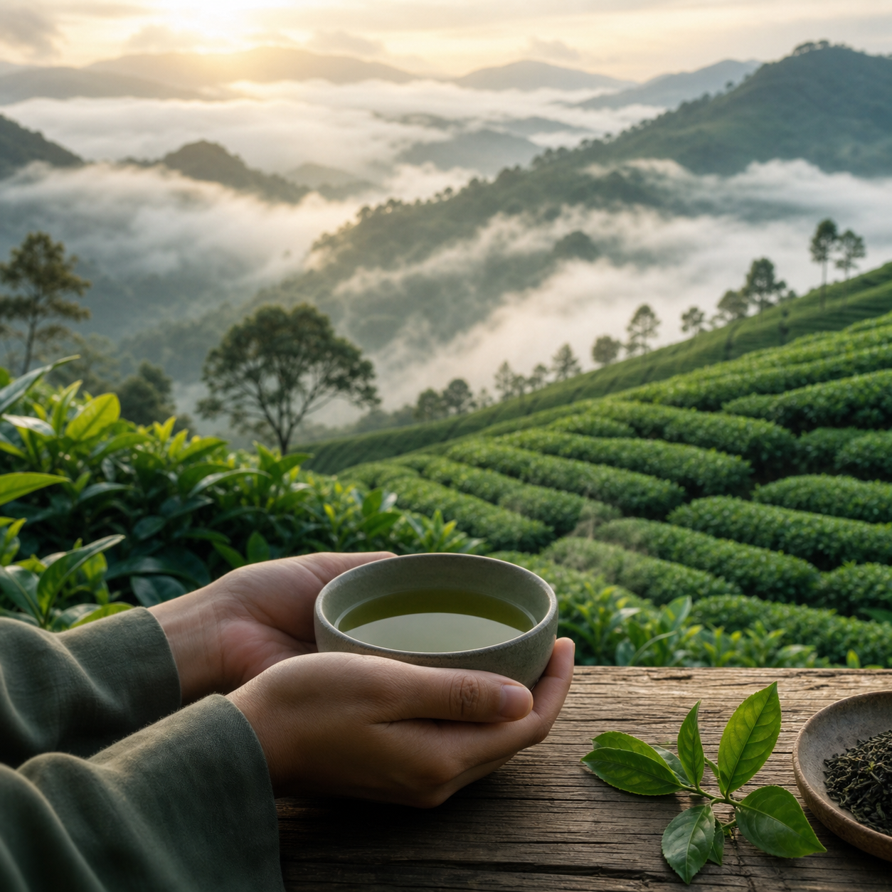 A misty green tea plantation at dawn with a ceramic tea cup and fresh tea leaves in the foreground.