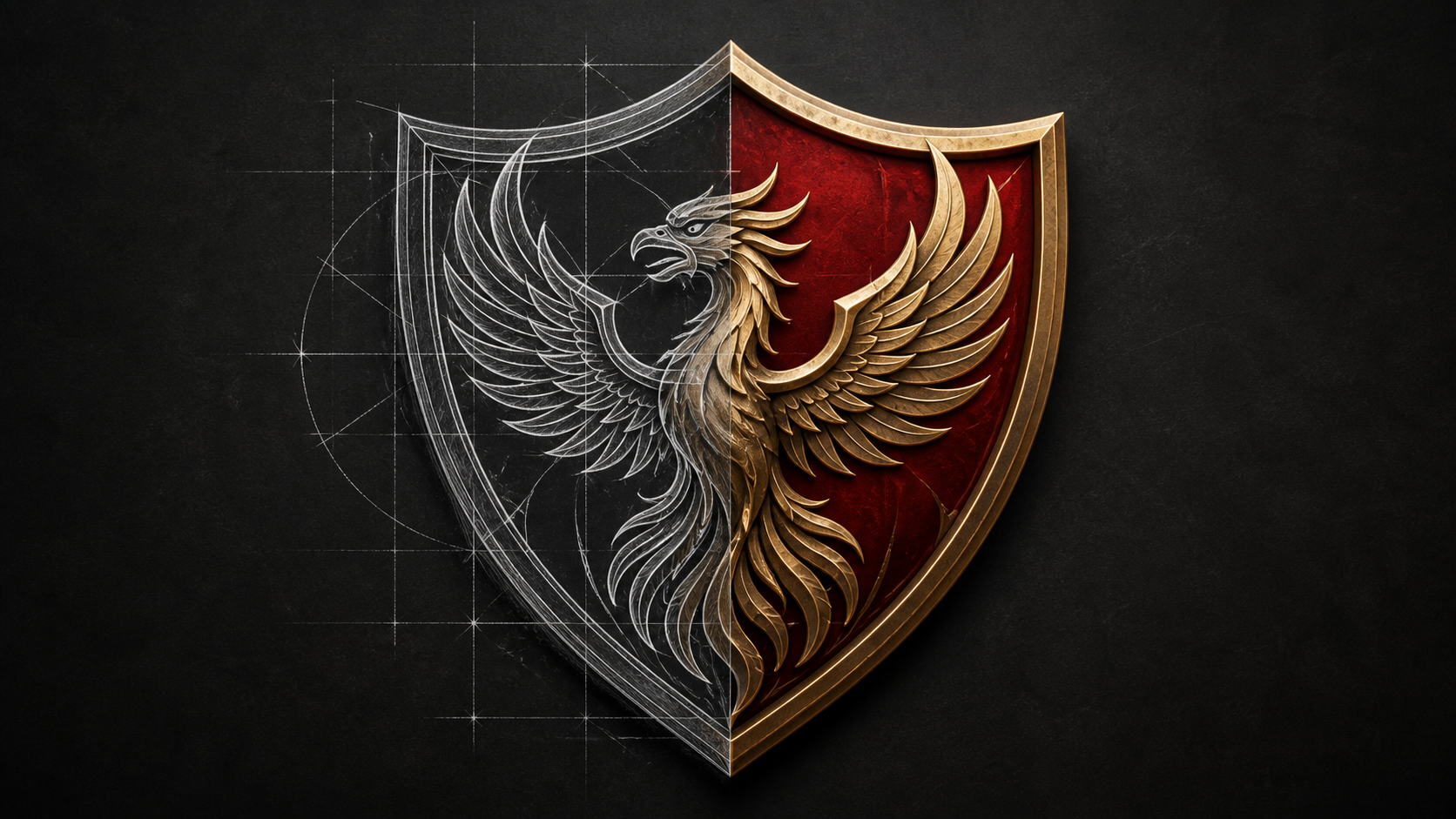 Red-and-gold phoenix crest transitioning from a construction sketch into a finished shield.