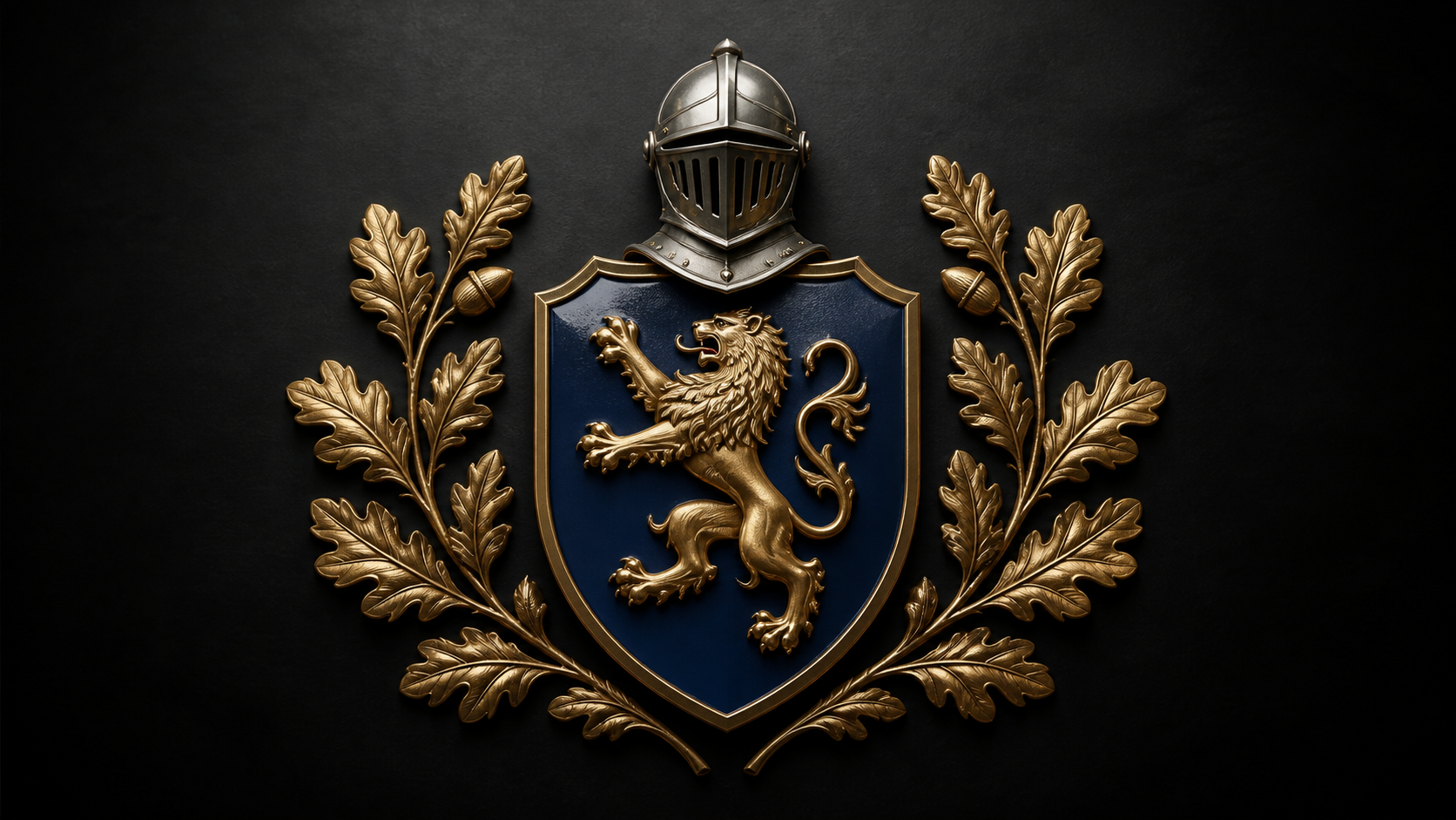 Navy-and-gold heraldic shield with a gold lion, silver helm, and symmetrical oak branches.