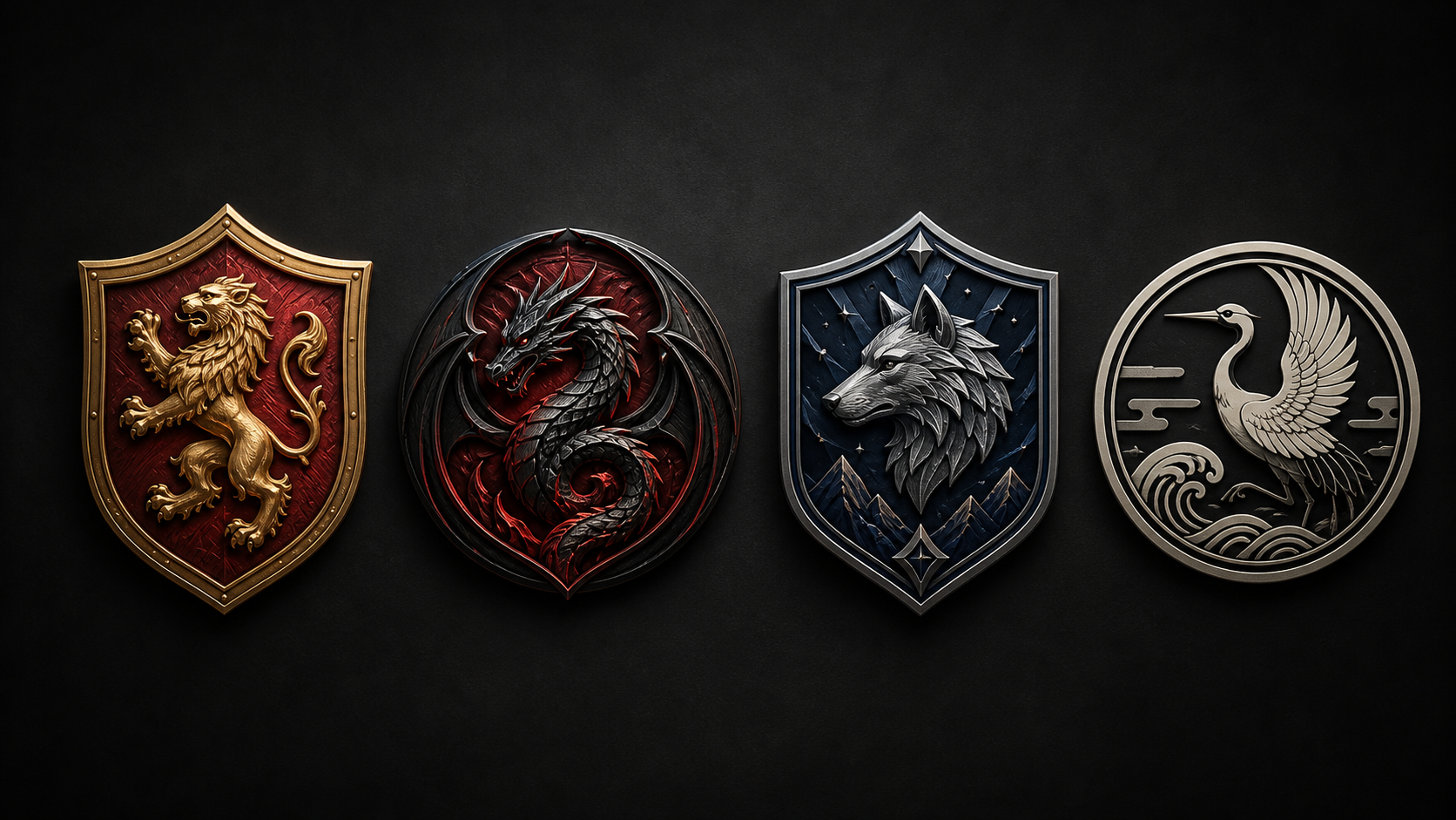 Four emblem styles featuring a heraldic lion, fantasy dragon, silver wolf, and kamon-inspired crane.