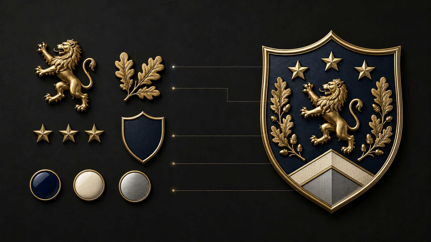 Gold lion, oak leaves, stars, and color elements arranged beside a finished navy-and-gold coat of arms.