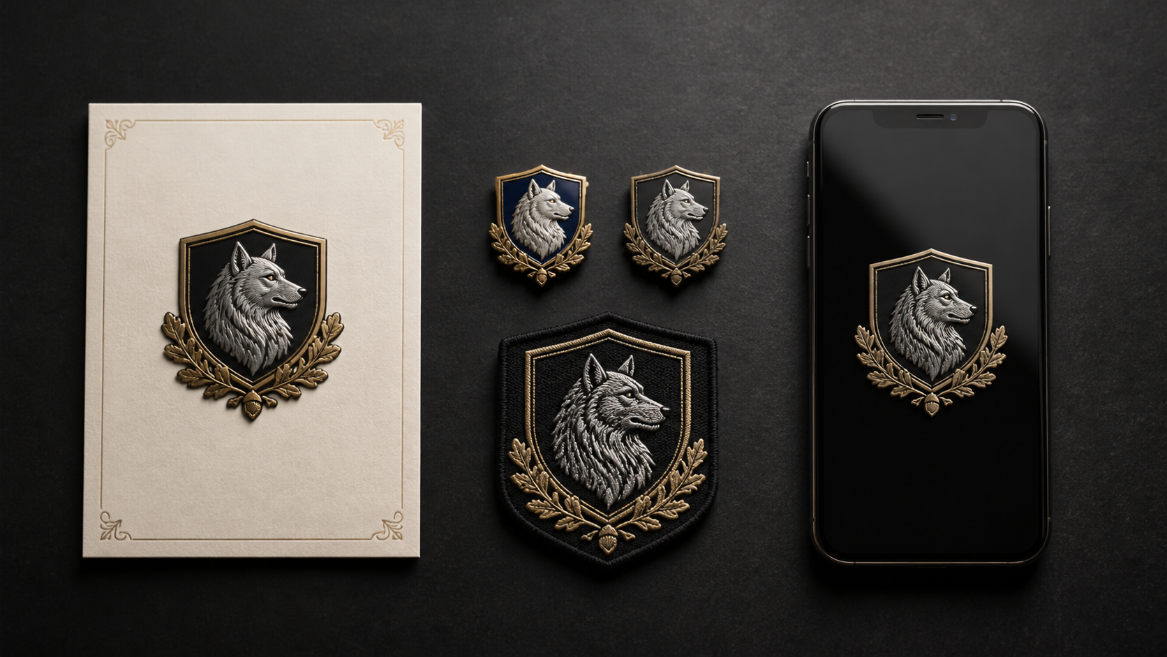 Silver wolf crest displayed on stationery, embroidered patches, and a smartphone screen.