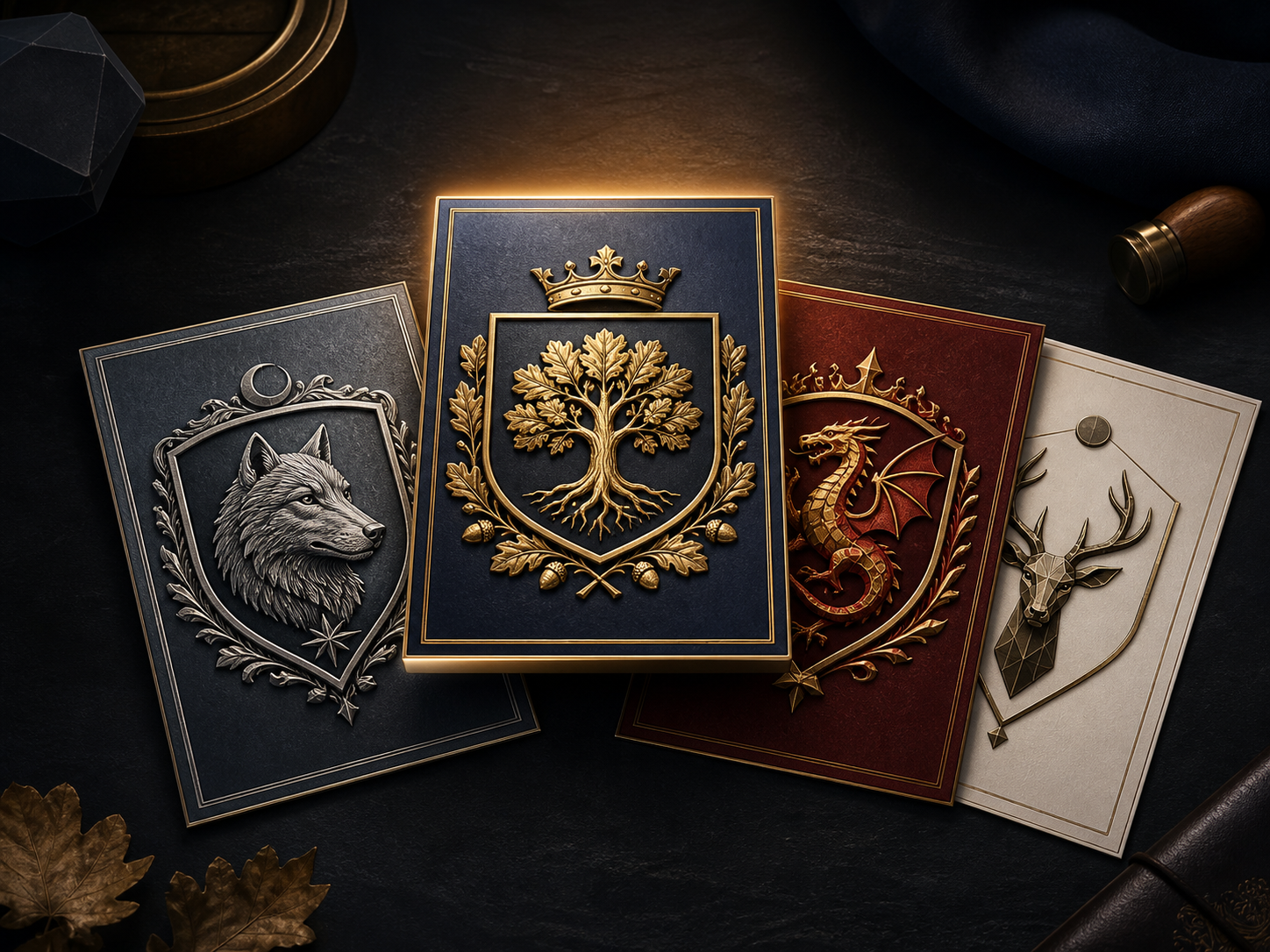 Four coat of arms concepts featuring a silver wolf, gold oak tree, red dragon, and geometric stag.