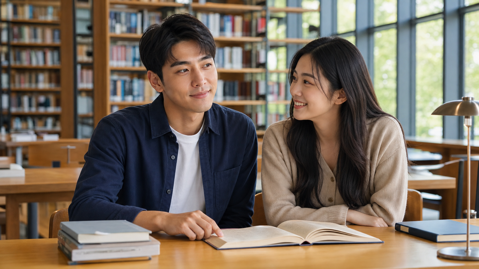 之后：同一位亚裔青年男子在大学图书馆里和他的AI女友一起学习